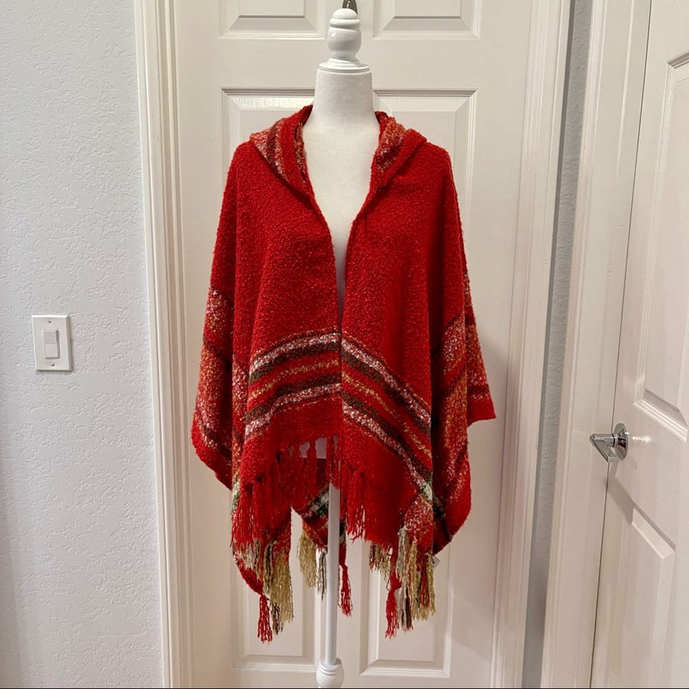 Simply Noelle Fringe Hooded Pancho One Size Fits Most
